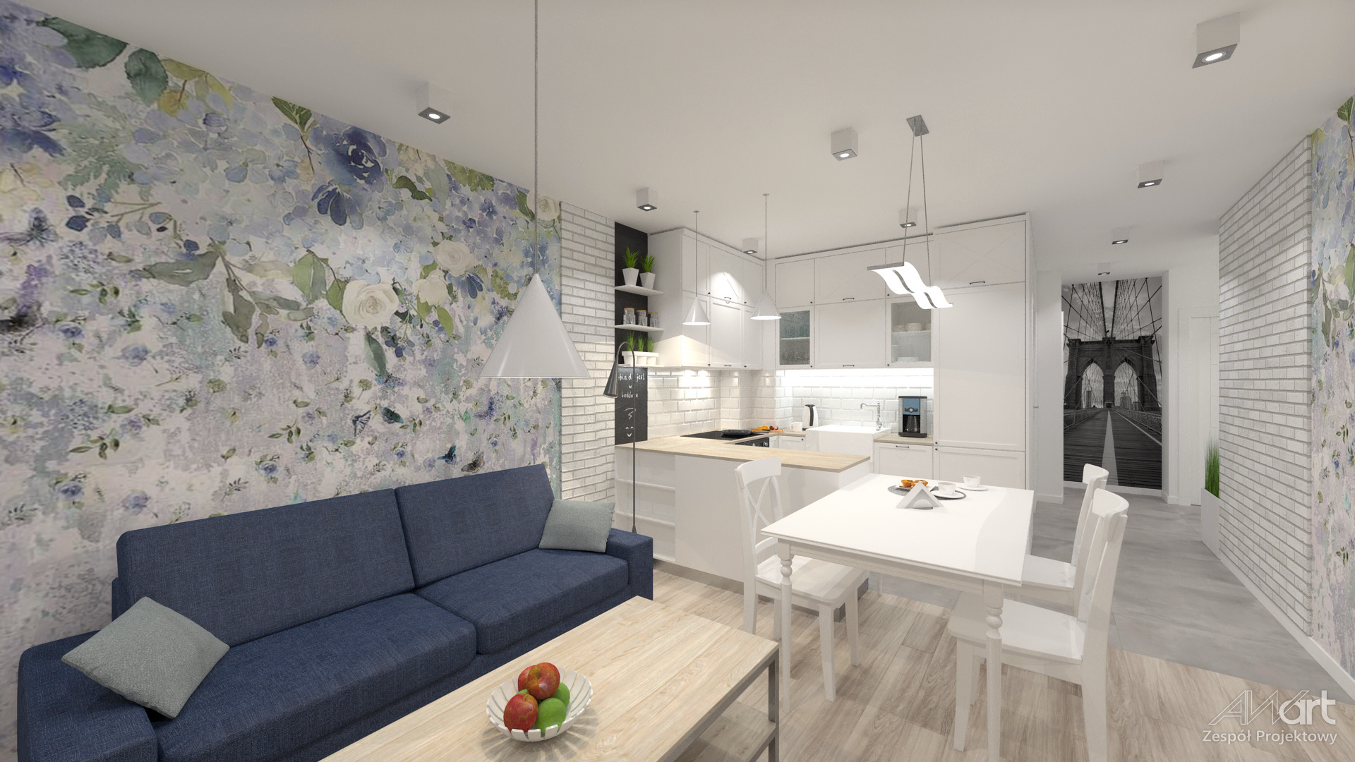 Wizualizacja wnętrza mieszkania - salon z jadalnią i aneksem kuchennym.